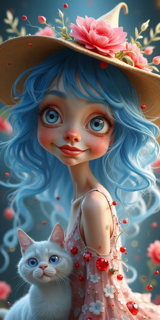 Ethereal digital artwork of a whimsical girl with luminous blue flowing hair, wearing a wide-brimmed hat decorated with vibrant wildflowers. Her shimmering dress cascades with crystalline red and white beads resembling falling dewdrops. Her large, bright eyes sparkle with wonder beneath the hat brim, complemented by a gentle, dreamy smile. Beside her, a translucent cat companion glows with the same ethereal shimmer, its wise eyes radiating warmth. Set against a nocturnal backdrop where golden lantern light creates soft bokeh effects, casting a magical ambiance. Rendered in a soft, painterly digital style with emphasis on luminous textures and dreamy light effects.