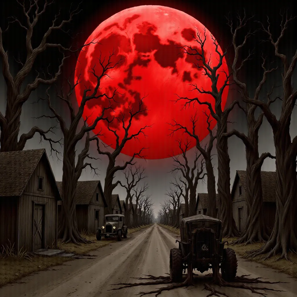A colossal 500-foot red giant sun towering over an abandoned 1970s neighborhood, eerie atmosphere, outdoor setting, small wooden brown huts with a Abandoned 1970s basic service equipment road-paving machine full of black oil and a street with a few 1970s gas cars parked, surrounded by dead creepy trees, black night sky, digital illustration, dark and ominous tones, inspired by vintage horror films, reminiscent of Edward Hopper's painting style. Long shot, wide angle lens, low angle view, high resolution, intricate details, muted color palette, ambient light with subtle moonlight.