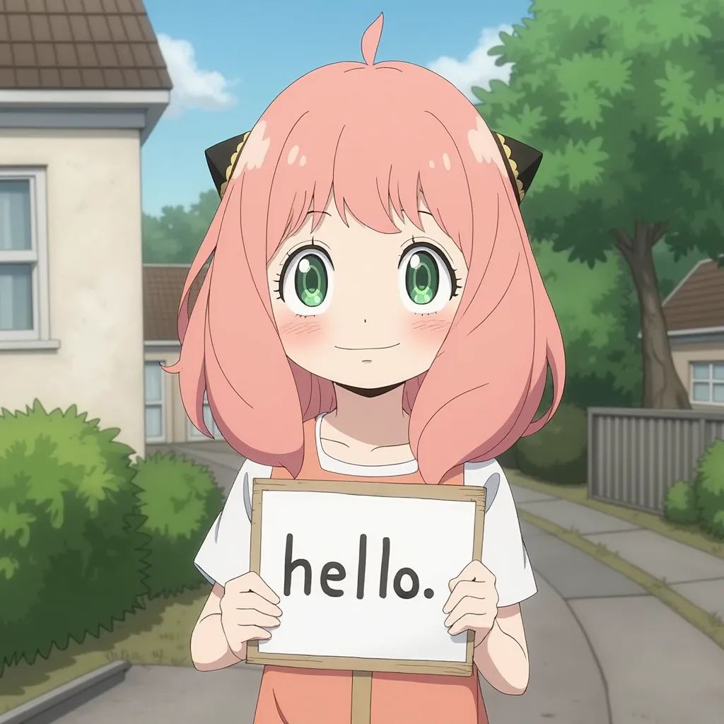 Anya is a short young girl with fair skin and green eyes. At the time of their first meeting, Loid describes her as appearing about four to five years old at the oldest.[10] Her green eyes are large and oval-shaped, with prominent eyelashes. She has shoulder-length, light pink hair that curls inwards with a fringe that reaches just above her eyes and a small strand of ahoge at the top of her head. Anya is noticeably shorter than most of her peers, and many of the insults that Damian and his friends direct at her target her small size. However, in Damian's view, she gains a prettier appearance. And holding a sign saying hello 


