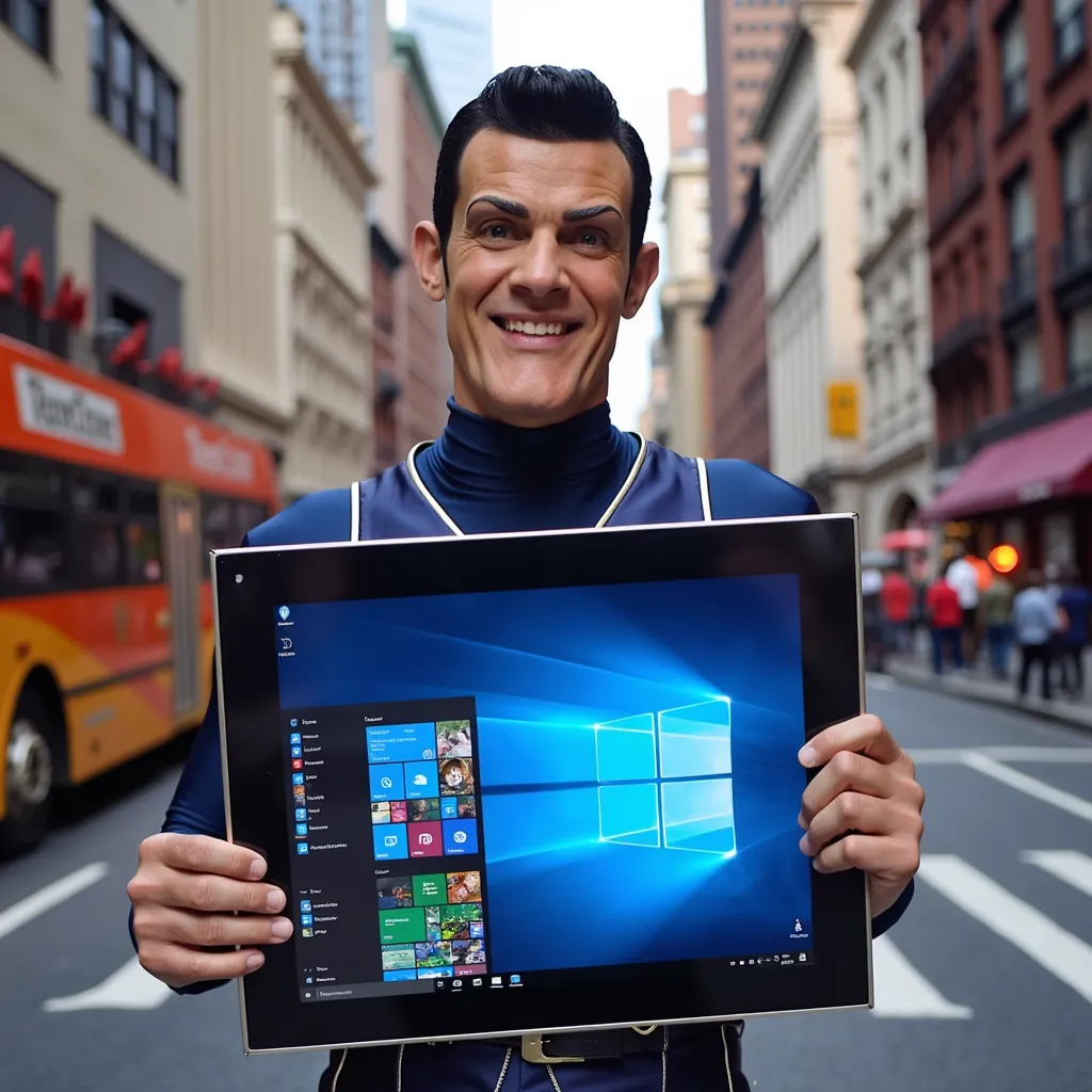RobbieRotten, smiling, in New York, holding a framed photo of Windows 10 desktop background