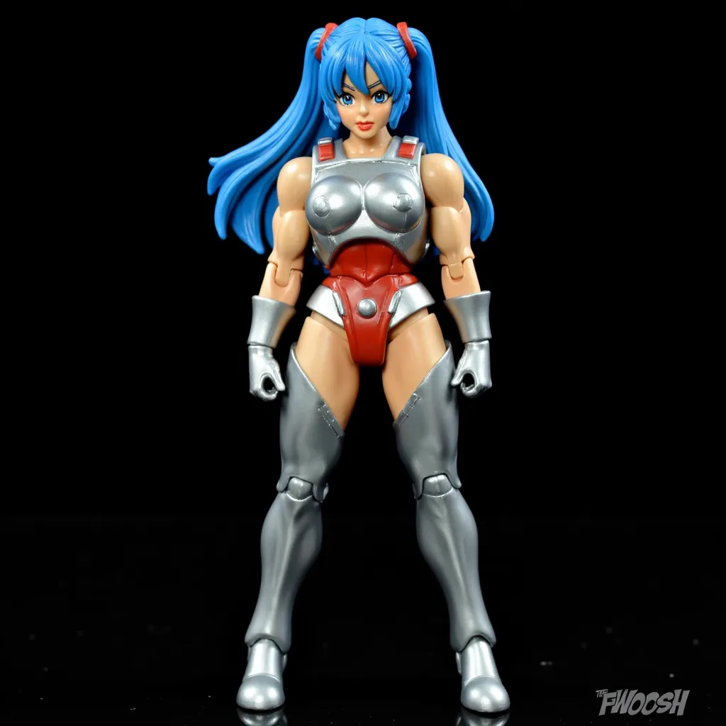 masters of the universe classics, motuc photo, motu, masters of the universe, toy photography, action figure, figure with articulated joints, black background, full-body, front view, hatsune miku, female, realistic face, metal chest armor, blue hair