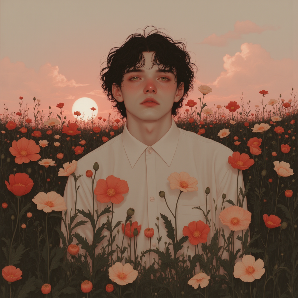 A Man with dark brown fluffy hair in a field of red and green flowers with a sunset.