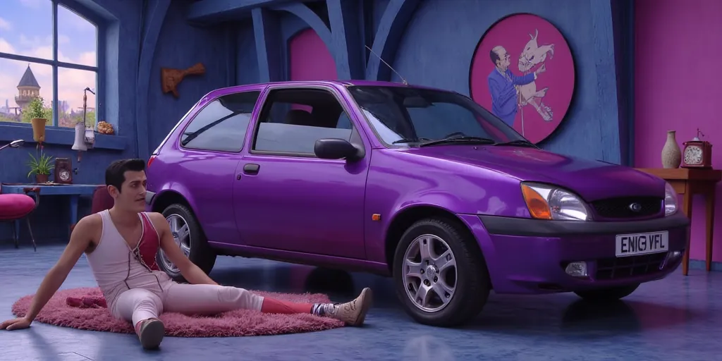 RobbieRotten in his lair, sitting next to his purple 2000 Ford Fiesta three-door hatchback
