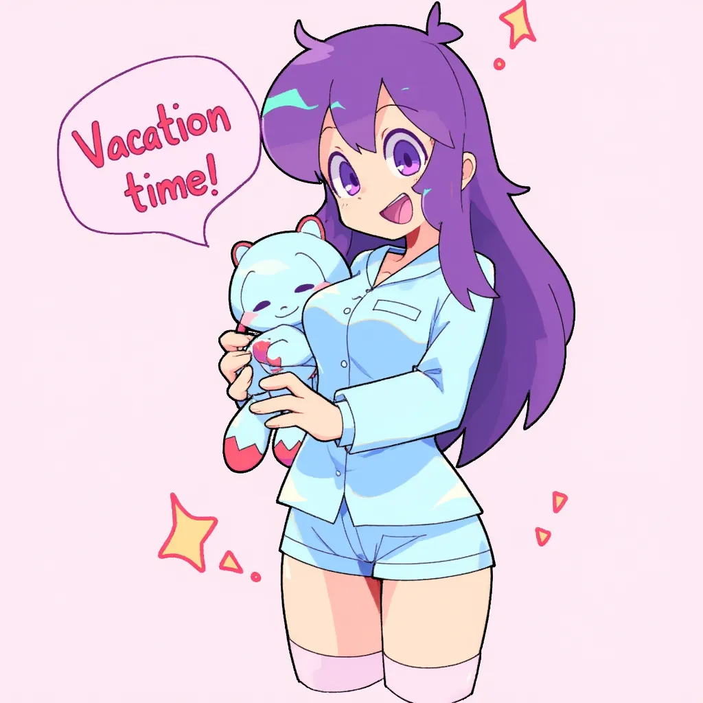 Yuri from  "(Doki Doki literature club)",Purple hair,Long hair,purple yes,pijamas blue,holding a plushie with a note saying "Vacation time!"