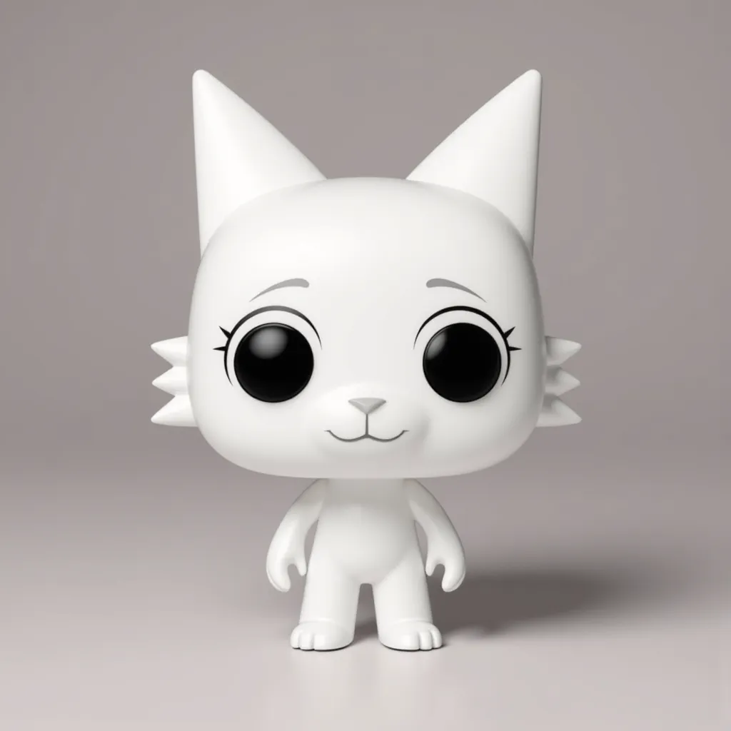funko pop, stylized vinyl figure, collectible toy, toy photography, big head small body figure, pop culture collectible, cartoonish toy design, vinyl collectible photography , Wenda is a white cat with two tufts of fur on both of her cheeks, and two long pointy ears on her head. She has hollowed out pupils and eyelashes on both eyes.