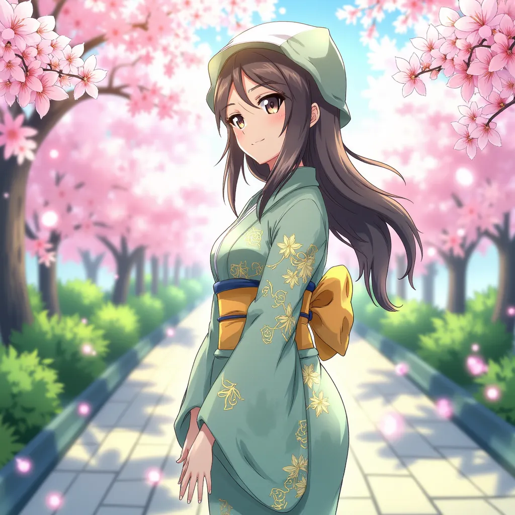 Mika Shimada wearing an elegant, jade-green kimono adorned with intricate gold leaf patterns, standing in a serene Japanese garden during spring, surrounded by cherry blossoms in full bloom, digital illustration, soft pastel color palette, with art inspirations from Girls und Panzer and BanG Dream! Girls Band Party, natural light filtering through the branches, medium telephoto lens, side view, highly detailed, 4K resolution, fantasy vivid colors, and octane render.