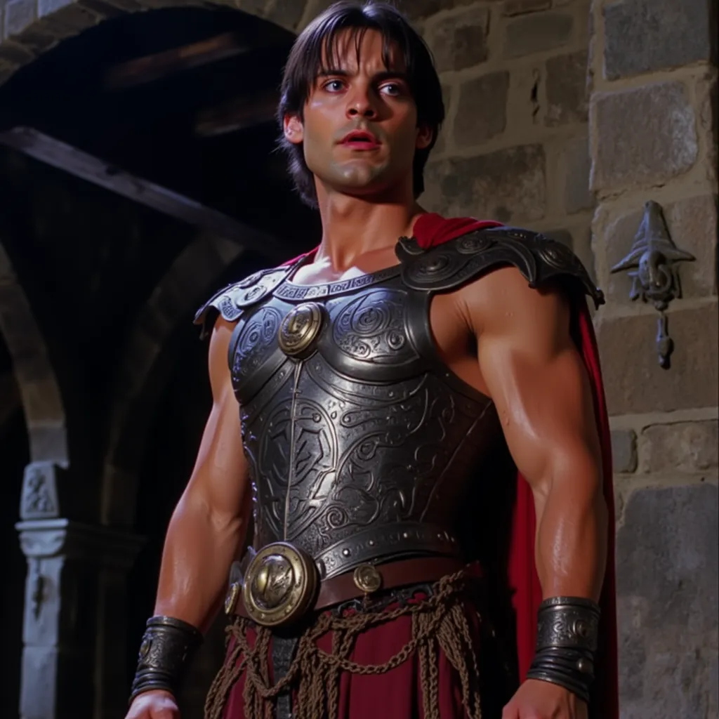 80s dark fantasy, live-action, peteremo Emo Peter Parker, barbarian outfit, metal chest armor covering chest with B emblem, loincloth, and bracelets