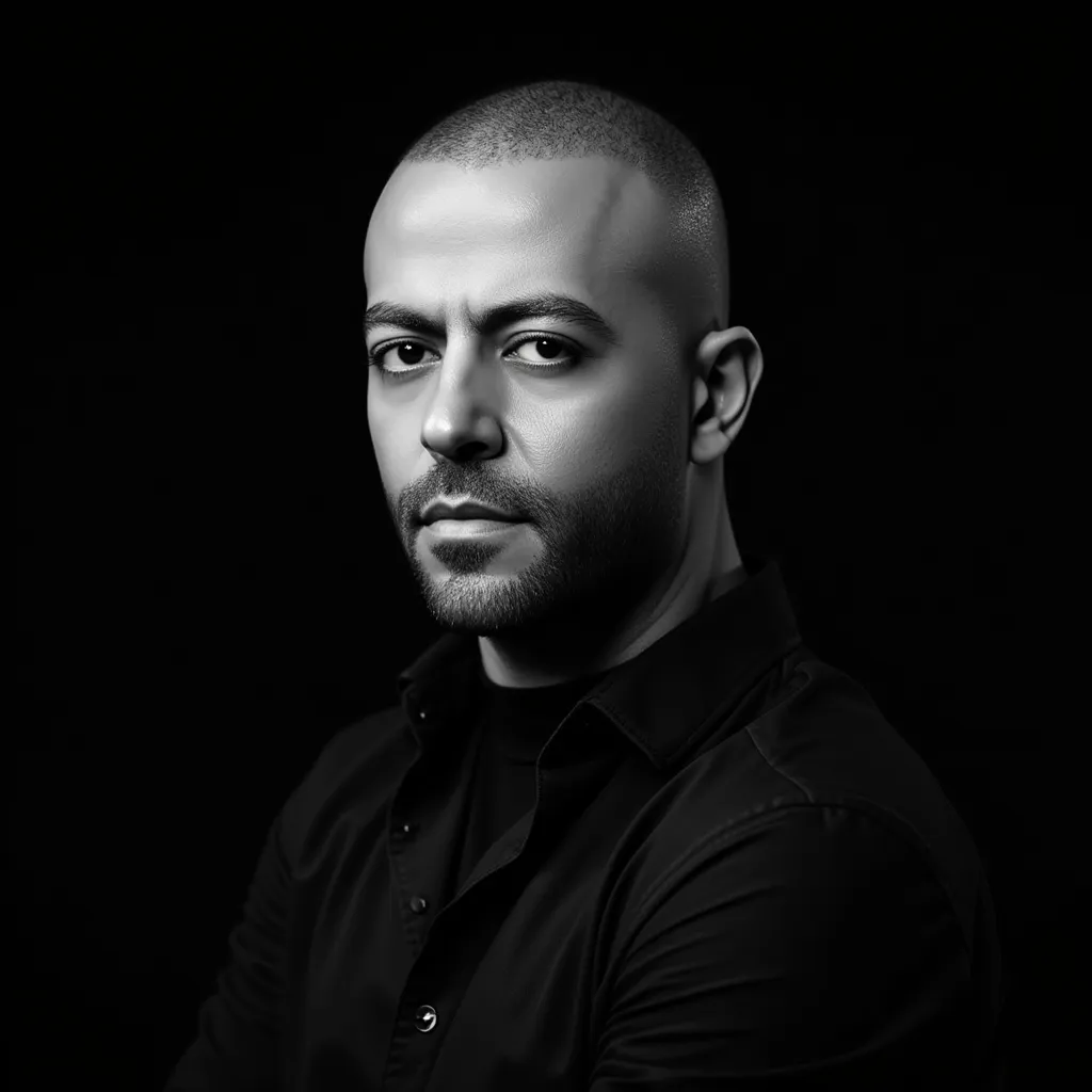 Photo of male model wizard, black and white, realistic, portrait, not painted, very detailed faces, skin with pores, 4k, wizard outfit, black plain background, skin not smoothed, face from left to right, desire in the eyes, half profile, glowering, looking into the camera, dark shirt.