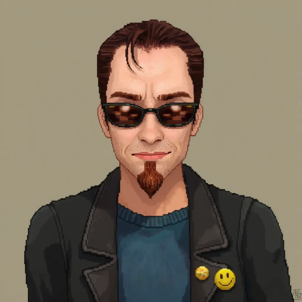 Until Then (2024), The Postal Dude from Postal 2, He wears dark sunglasses, a leather jacket with a yellow smiley face pin, and sports a goatee. Pixel character