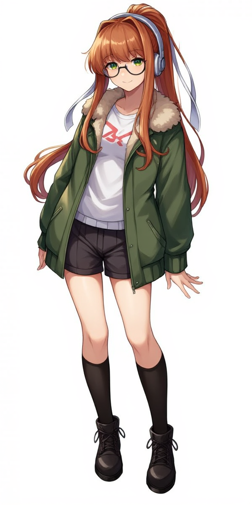 Monika as Futaba from PERSONA 5 standing with long orange hair, wearing large round glasses and headphones. She has an oversized green jacket with a fur trim, a white shirt with a red pattern, black shorts, thigh-high black socks, and black lace-up boots.