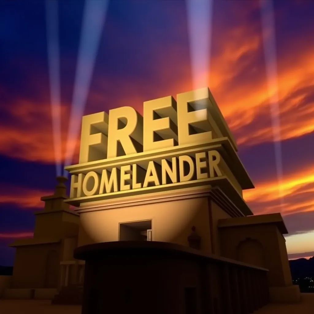 20th Century Fox logo with custom text: "FREE HOMELANDER", reminiscent of a classic film studio opening sequence. 