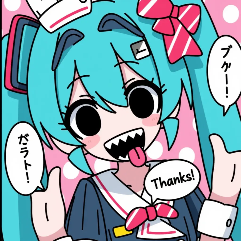 miku saying "thanks!" with sharp teeth and black eyes