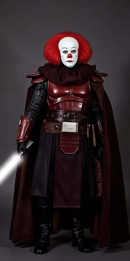 Pennywise wearing Imperial Knight Armor, welding white lightsaber, holding lightsaber