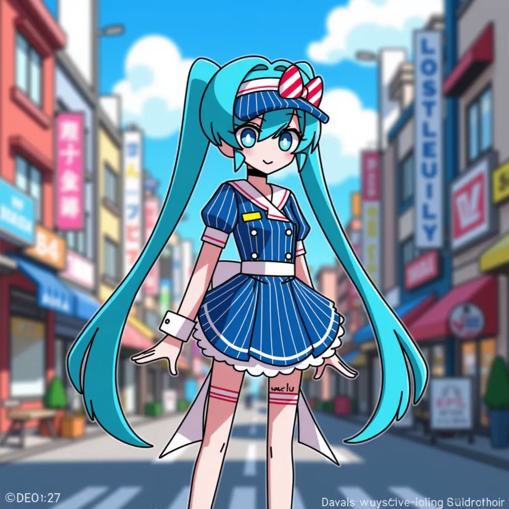 Hatsune Miku standing in a lively city street, digital illustration, DECO*27 style, inspired by studio illustrations and manga artists, medium shot, vibrant colors with dynamic lighting, 4K resolution, intricate details in her attire and surroundings, wide-angle lens view.