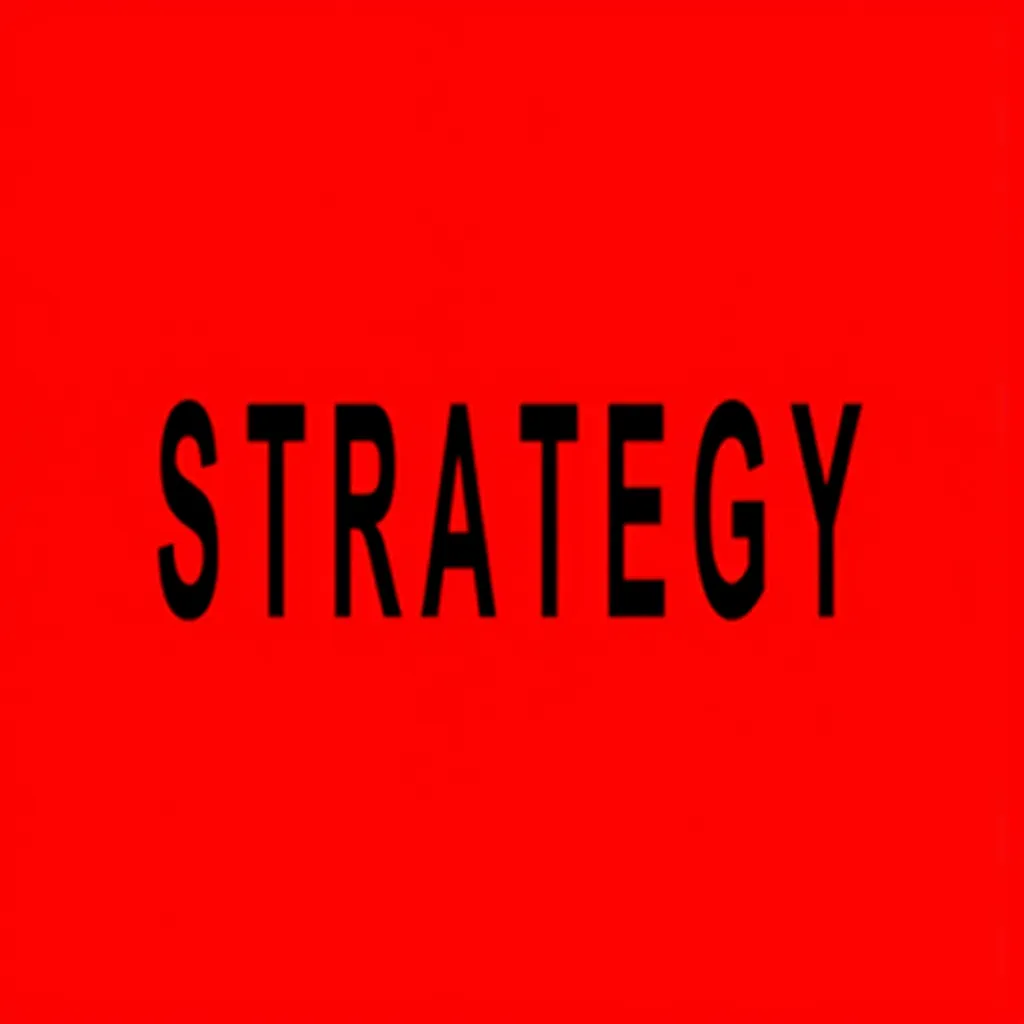 BRAT Style Arial Narrow Font with black text saying 'STRATEGY' in a red background with the text centered and the text in bold.