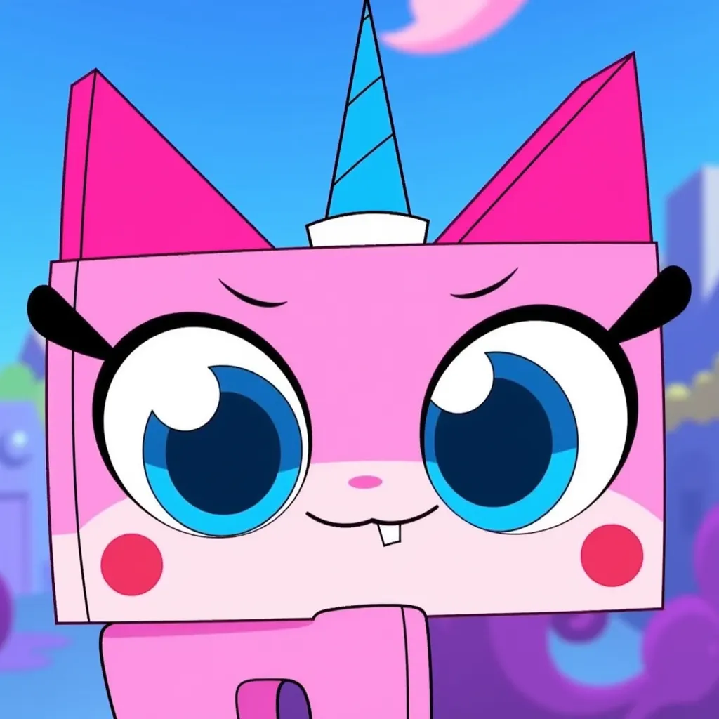 Unikitty from "UnikittyCN" with a cool expression, featuring a pink square head, large blue eyes, a blue-striped horn, and prominent eyelashes. The background is colorful with blue and pink hues.