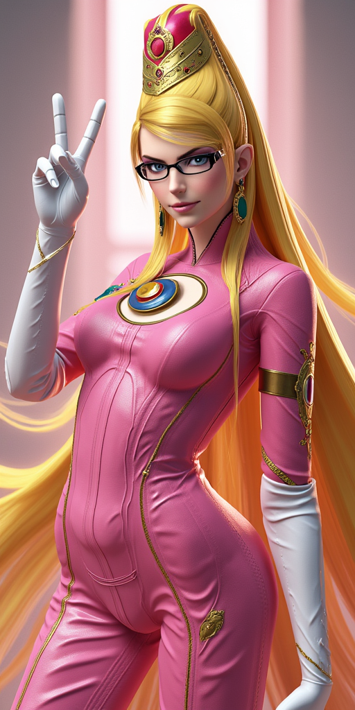 bayonetta as princess peach, dynamic peace pose, with a beauty mark near lips, yellow hair, glasses, earrings, gold crown, wearing a sleek, pink umbra suit with intricate designs, long white gloves. realistic, studio background, hdr, 8k