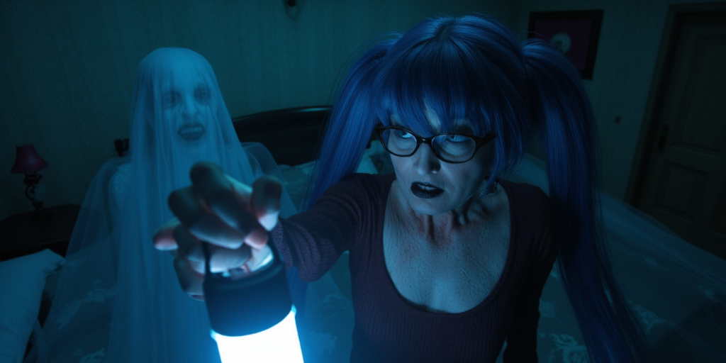 yyb miku, with long blue twin tail hair, vibrant blue eyes, glasses, black lips. On a darker room where she holds a flashlight in one hand. ghost woman surrounding her. surrealism, 35mm lens, high angle view, highly detailed, 4K resolution, ambient light, soft colors. astral style film horror