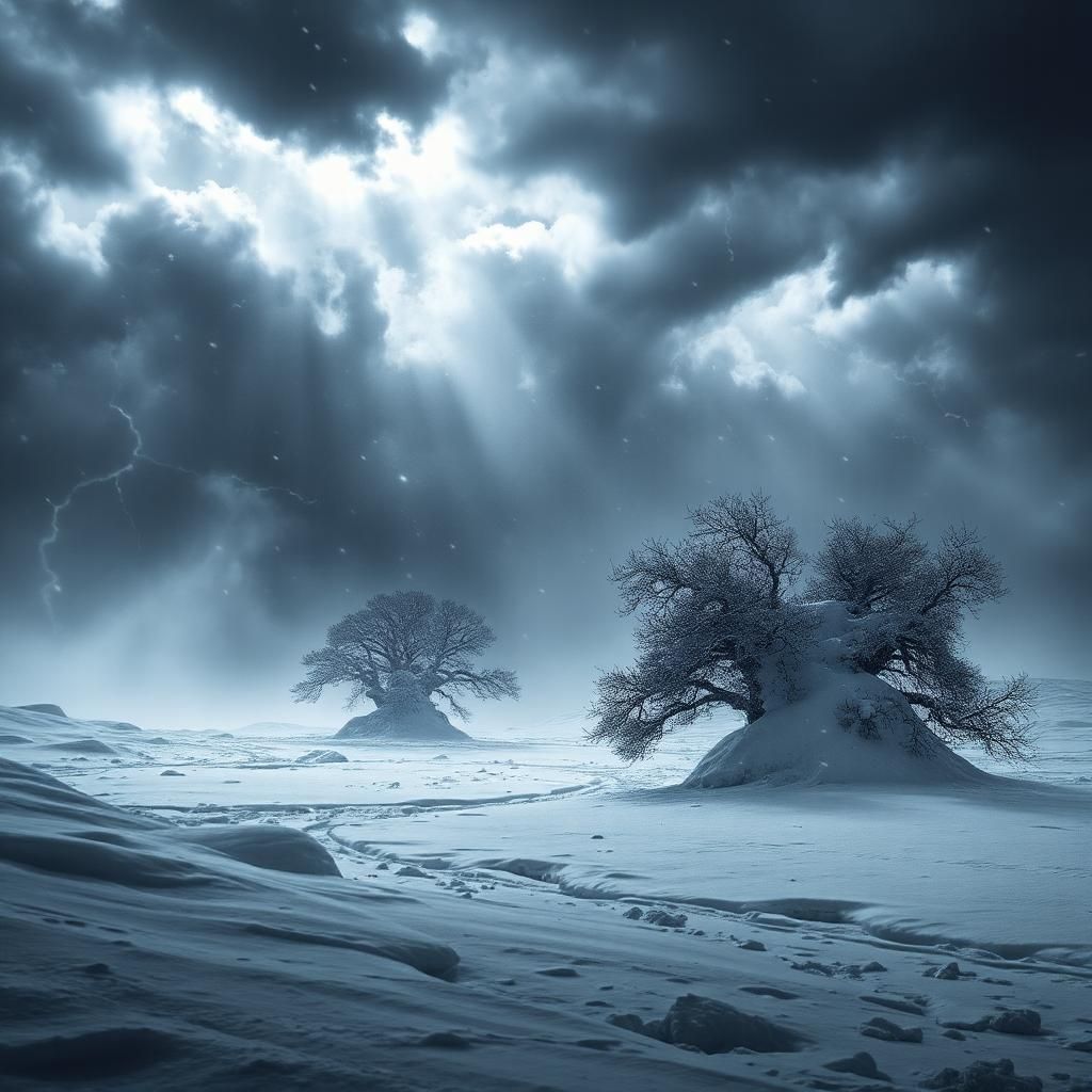 A fierce blizzard ravages a desolate landscape, with swirling snowflakes dancing furiously in the biting wind. The scene is dominated by the heavy, dark clouds roiling overhead, casting an ominous shadow across the icy terrain. Snowdrifts pile high against leafless trees, their branches bent under the weight of the freezing precipitation. Stray flashes of lightning occasionally illuminate the stormy sky, creating a stark and dramatic contrast with the white snow, while deep shades of gray dominate the atmosphere. The mood is hauntingly beautiful yet foreboding, evoking a sense of isolation and raw power of nature. The visual style leans towards hyper-realistic, showcasing intricate details of the snowflakes and the rugged textures of the frozen landscape as they blend into the chaotic energy of the raging storm.