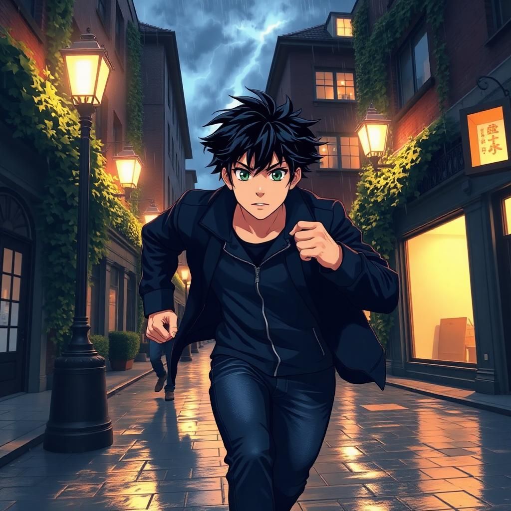 A determined young man with tousled black hair and expressive emerald green eyes wearing a sleek, dark blue jacket and casual jeans, sprinting down a rain-slicked alleyway. The scene is set at night, illuminated by the warm glow of vintage street lamps casting playful shadows on the cobblestone streets. Surrounding him are tall, shadowy buildings draped in ivy, with the soft sound of distant thunder echoing in the backdrop. The atmosphere is charged with urgency and a hint of nostalgia, as raindrops cascade from roof edges, creating a shimmering reflection on the ground. The color palette features deep blues and purples, with splashes of golden light, enhancing the emotional urgency of the moment. The artistic style is vibrant anime, blending realism with exaggerated expressions and dynamic movement, capturing the essence of a late-night dash home.