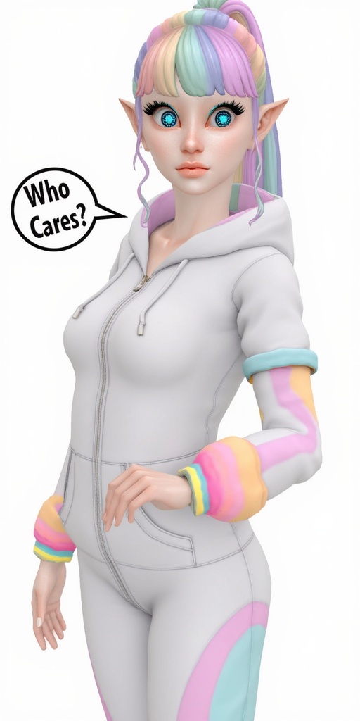 natgsim; woman, with pastel rainbow-colored hair styled in a high ponytail, pointy ears, blue glowing eyes. wearing a cozy, white hooded jumpsuit featuring pastel rainbow accents in pink, yellow, and blue on the arms, legs, and torso. The jumpsuit has a zipper running down the front. feeling confused with speech bubble saying "Who Cares?"