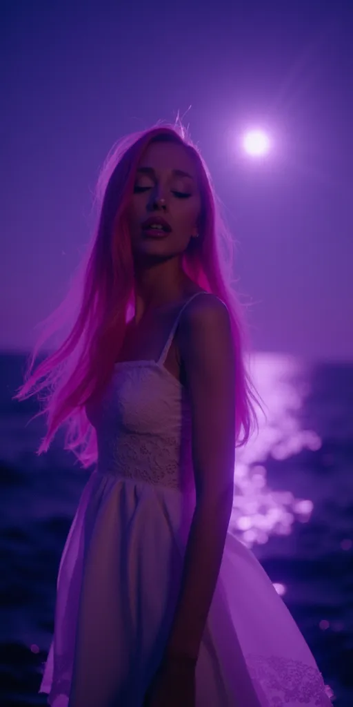 grainy film texture, ariana grande, pink straight hair, motion blur effect, ghost, blur, dark, sad, purple lighting, dream, the image is purple, album cover, white lace dress, nighttime, she's in the sea, moonlight, shiny stones in the sea