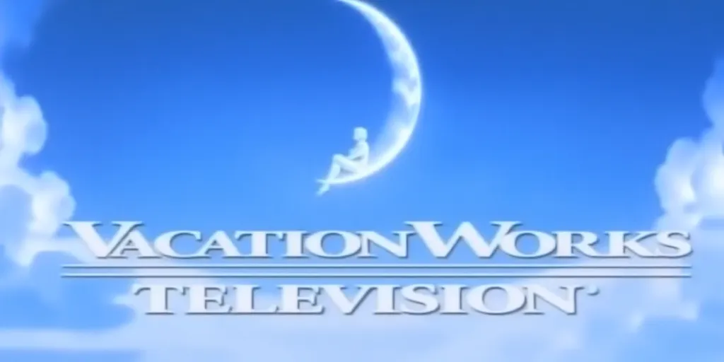 DreamWorks Television logo featuring a crescent moon with a figure sitting on it, surrounded by clouds. The text "Vacation Works TELEVISION" is displayed prominently below the moon against a sunny blue sky.