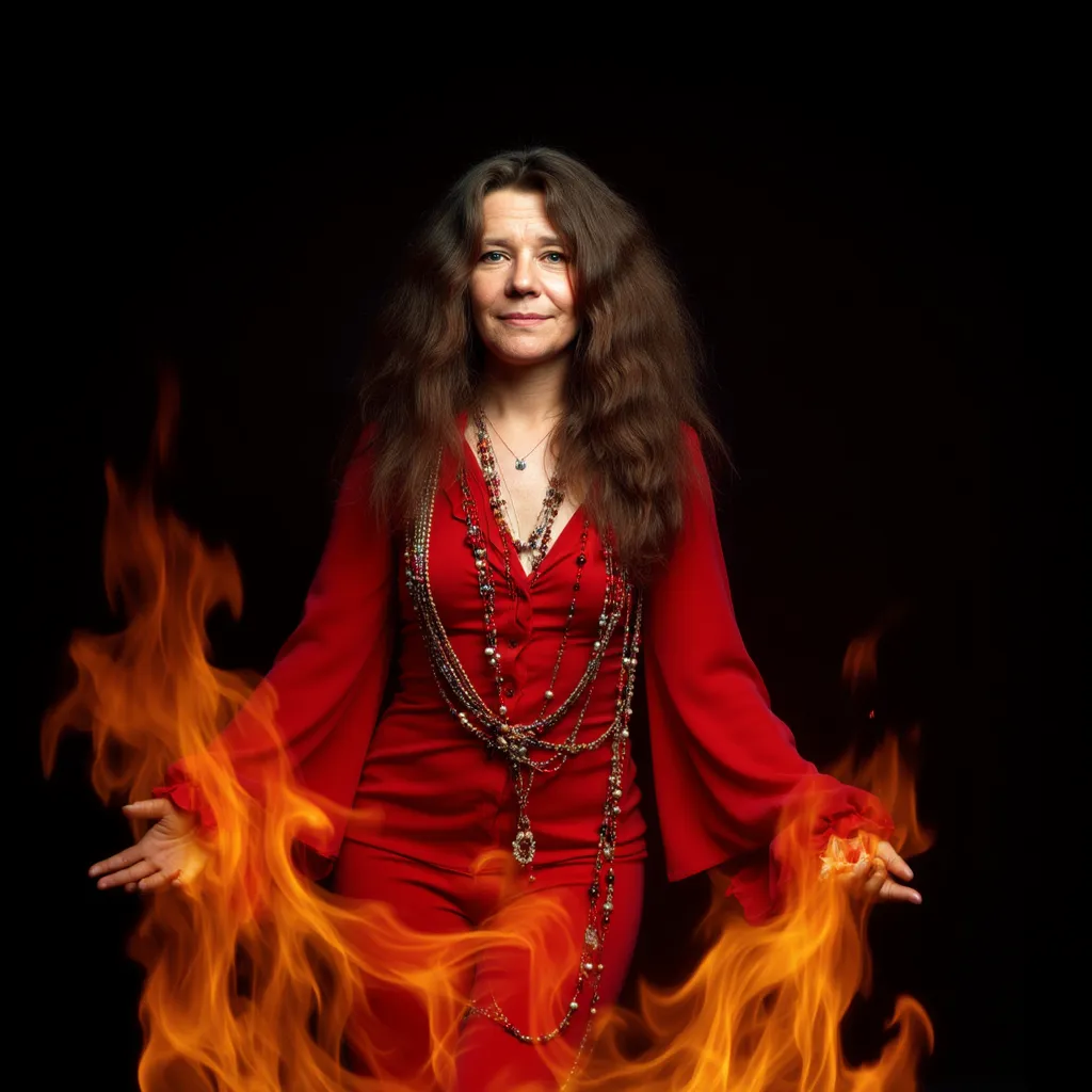 Janis Joplin surrounded by fire dressed in red plain black background