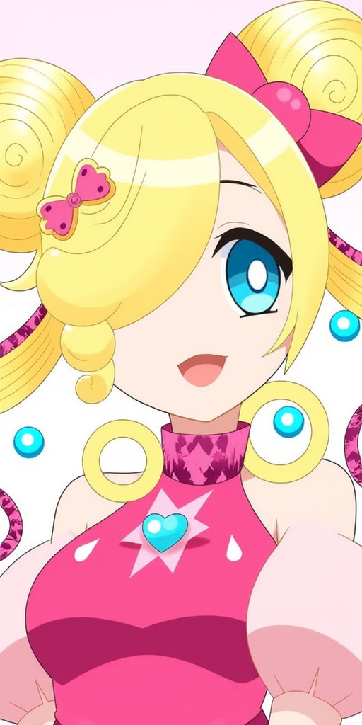 In The Style of The Pink Corruption Fan-Made Just Shapes And Beats 2D Without Outlines. Cure Idol, Uta's hair turns blonde and grows thicker and longer. On the top of her head are two large buns that make the hair look like it's styled as a giant bow. Around each bun are long magenta locks that curl upwards on each side and they're decorated with three light blue pearls of differing sizes. There are also two large matching curls on each side and a magenta streak shaped like a heart on the left side. On the right is a magenta heart-shaped clip with a large magenta plaid ribbon. Her eyes turn turquoise. She wears a magenta halter top with a fuchsia choker-like ribbon that ties on the left. Worn over the top is a fuchsia band with a pale pink top worn over it with her Idol Heart Brooch resting on the left side of the chest with a magenta plaid ribbon.