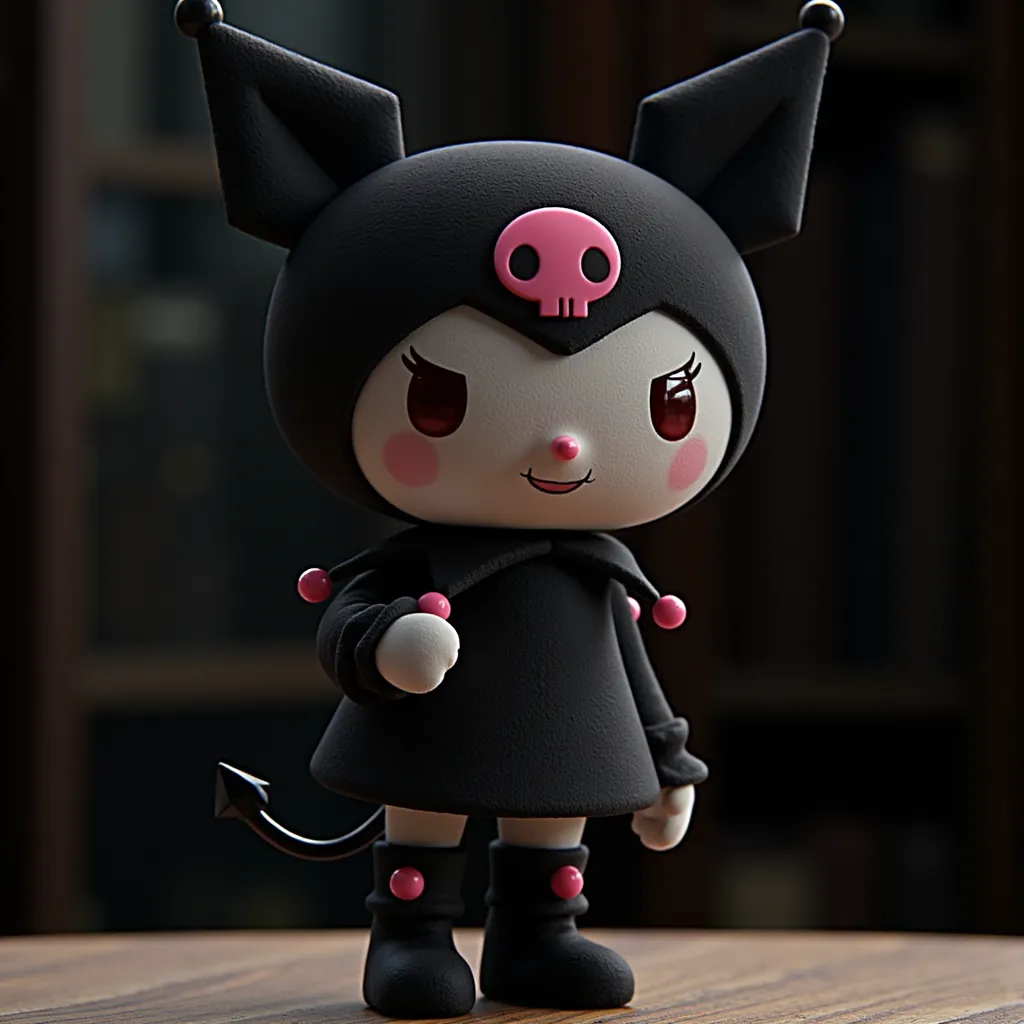 Kuromi, a character from the Sanrio franchise, wearing a black jester hat with a pink skull design and a black collar adorned with pink balls. She also has a small black tail ending in a point. Kuromi
Sanrio
Personagem
Anime
Kawai
Gótico
Demônio
Orelhas de coelho
Cauda de demônio
Rosto de caveira cor de rosa 
Roupa preta
Detalhes em rosa