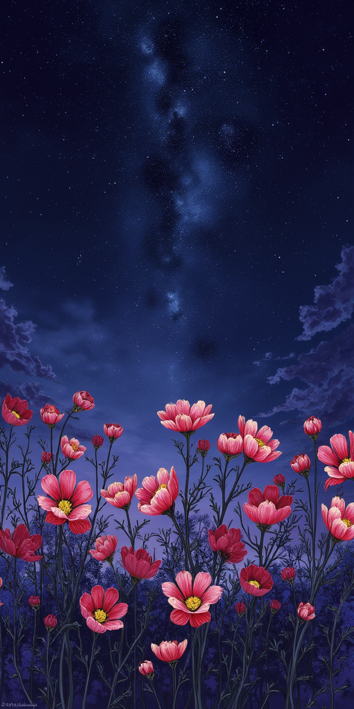 generate image at night with dark sky with flowers with tone of color ZINNWALDITE color wallpaper with  on the floor
