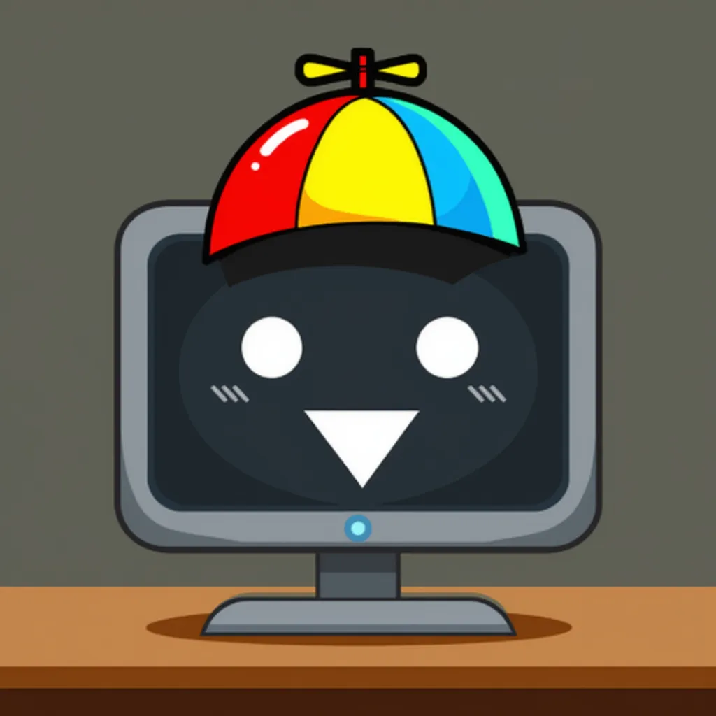 Mr. Fun Computer From Sprunki, computer monitor, black screen, happy face, white round eyes, triangular mouth, colorful propeller hat in red, yellow, blue, and green, placed on brown table 