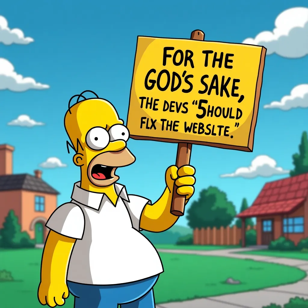 Homer holding a sign saying "F0r the G0d's sake, the devs 5h0uld flx thelr webslte", digital illustration, cartoon style, inspired by webcomics and satirical art, bright colors, outdoor setting against a vibrant backdrop, medium shot, vibrant natural light, highly detailed, 4K resolution.