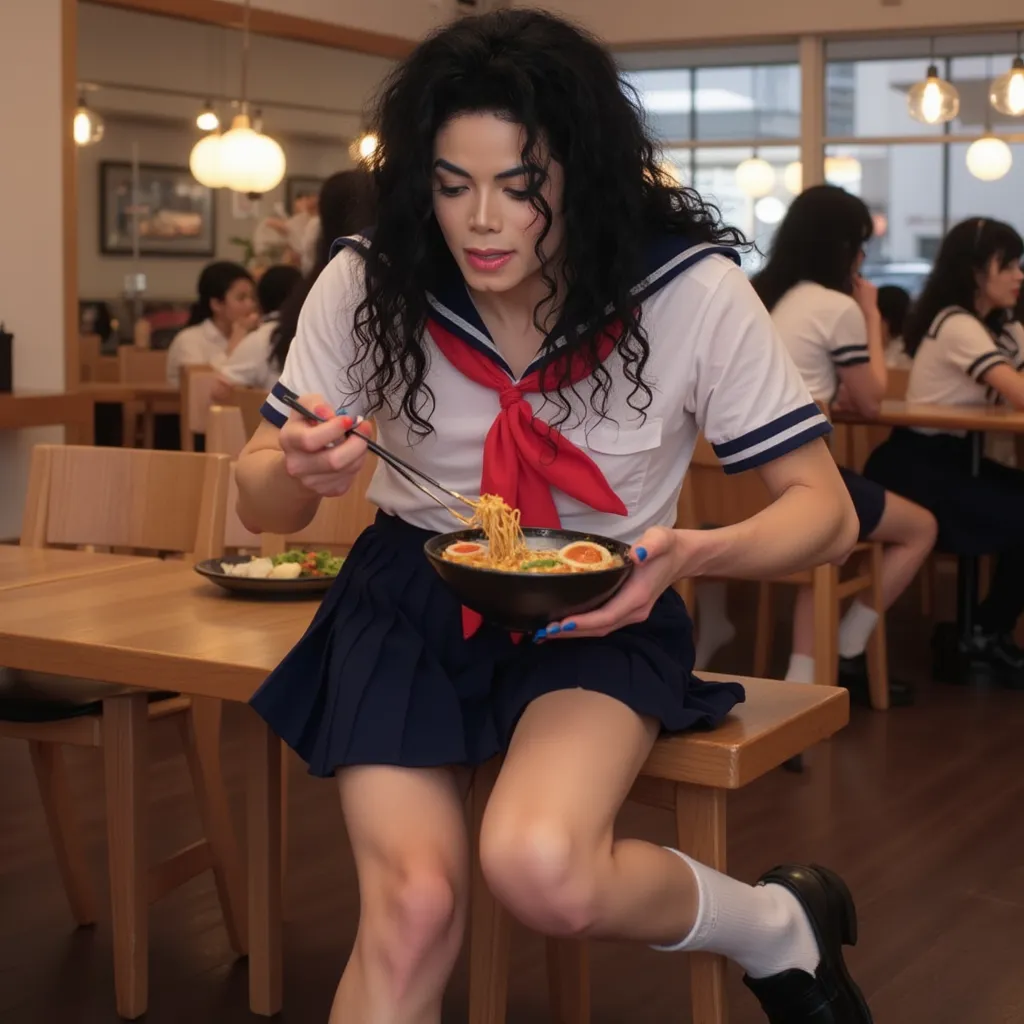 Michael Jackson, long curly black hair, makeup, lips, Japan, sailor school uniform, serafuku, short sleeves, skirt, pleated, skirt, red neckerchief, white socks, black loafer shoes, male focus, long nails, blue nails, nail polish, curly locks, ramen restaurant, eating ramen with chopsticks
