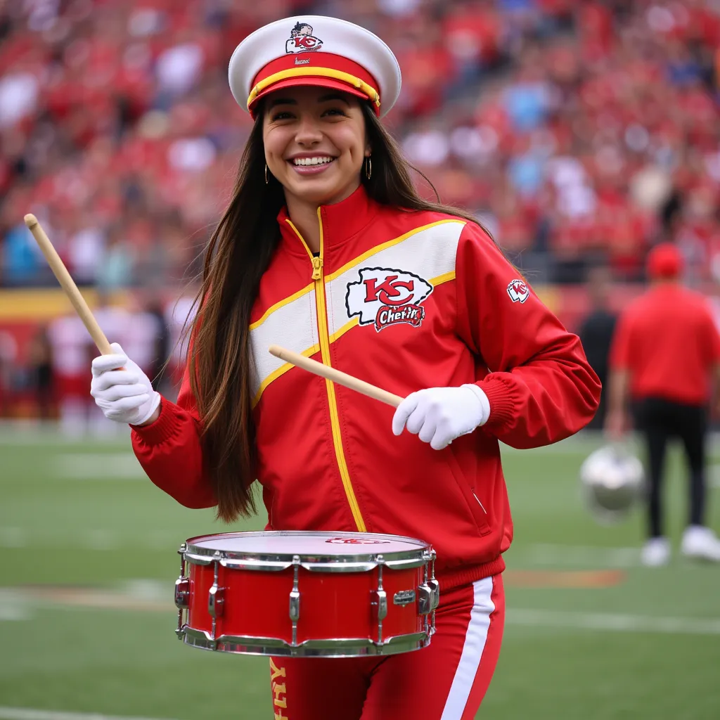 Veronica Merrell with straight long hair, wearing earrings, wearing Kansas City Chiefs marching band hat, wearing Kansas City Chiefs marching band jacket, wearing Kansas City Chiefs marching band pants, wearing white gloves, playing marching drum, wearing Kansas City Chiefs marching band sneakers, football stadium, smile, side profile photograph, realistic style, studio lighting, medium telephoto lens, high resolution, 8K detail, natural light, (sharp focus:1.2), (HDR:1.1).