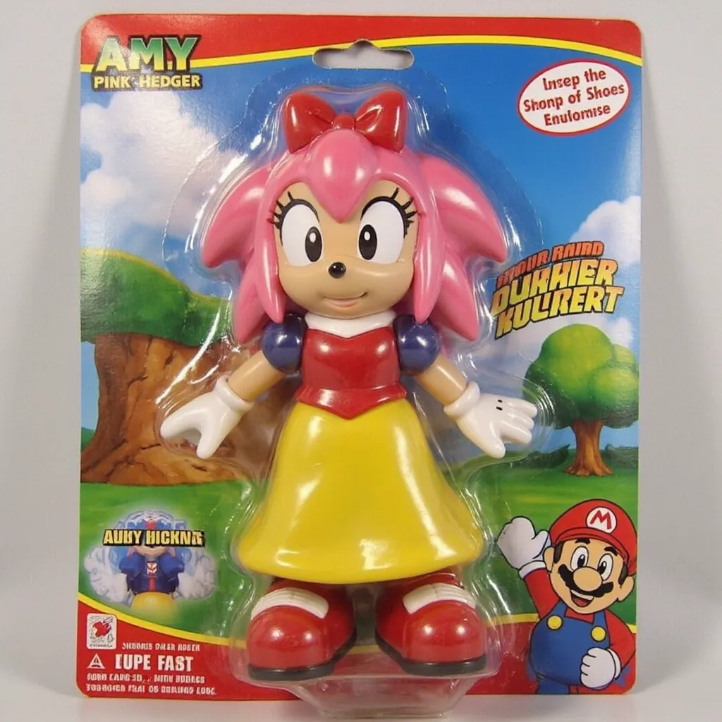 The image is a photograph of a packaged action figure of (amy the pink hedgehog head with the body of snow white and with super mario shoes). 