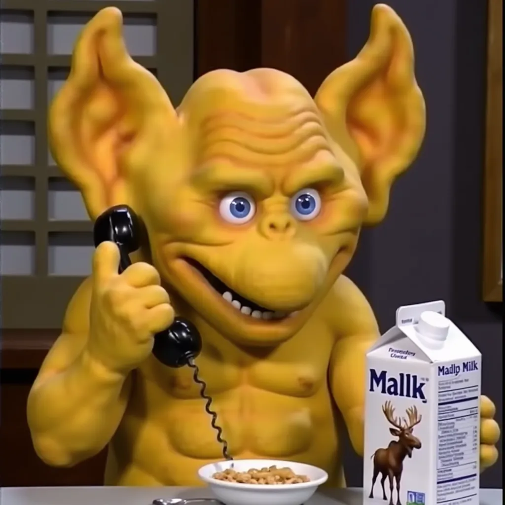 Yellow Freddy Freaker Puppet, a yellow creature with large ears, he is holding a phone, and eating cereal with milk, the carton of milk with a picture of a moose on it next to him is labeled “Malk”, 80s screencap, full body shot