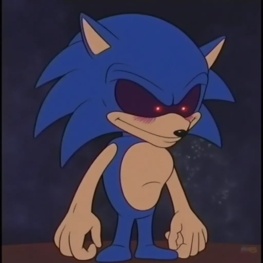 Vintage 1960s cartoon screencap of SpoopySonicEXEFNF, dark, glowing red eyes. The iconic blue spiky hair and humanoid hedgehog features are present, with enlarged, clenched fists, capturing a haunting and unsettling appearance. Colored sclera