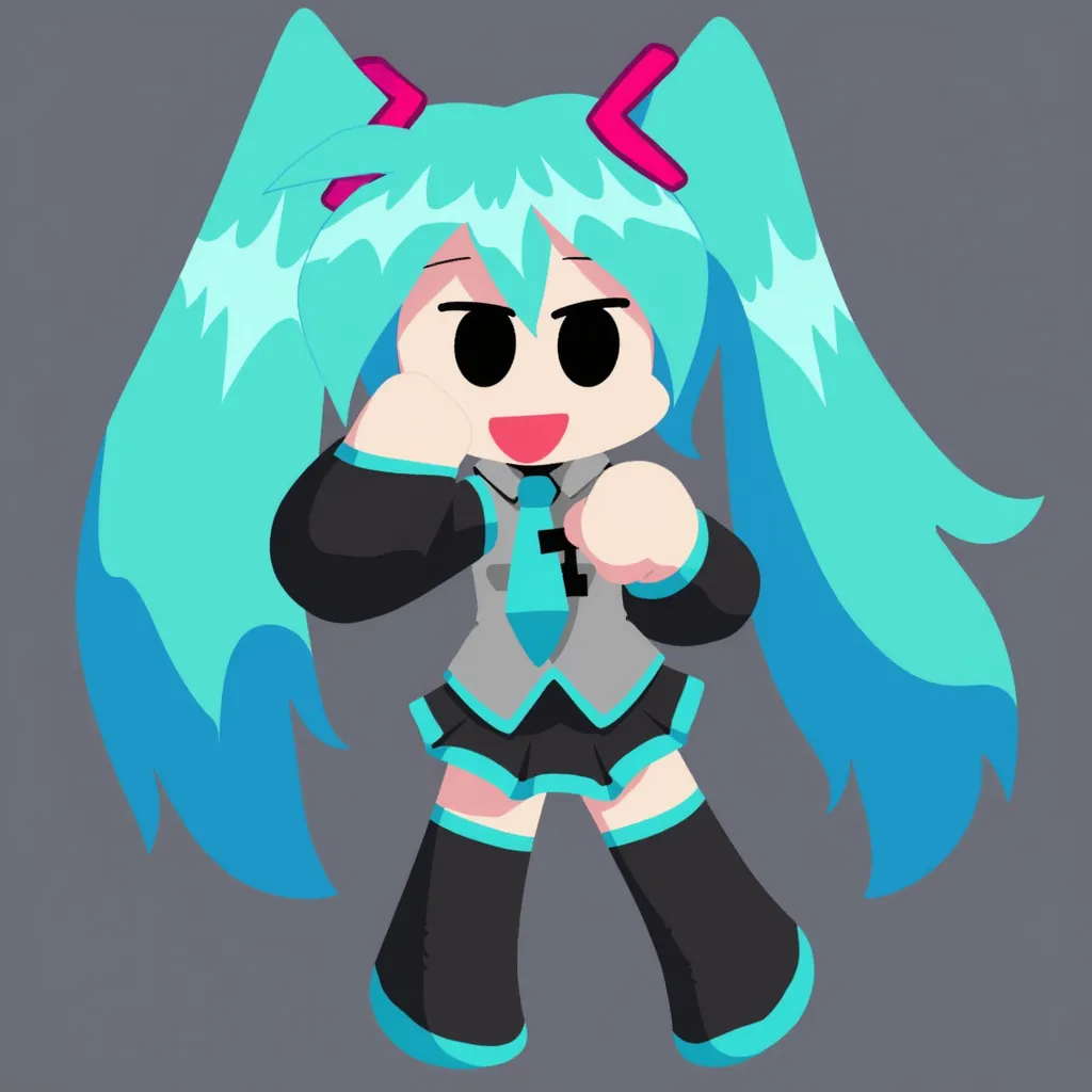 MikuFNF,stylized character with teal hair in twin tails. wearing a black and grey outfit with a teal tie and accents. The design is cartoonish, matching the visual style of the mod. black eyes, hatsune miku dancing