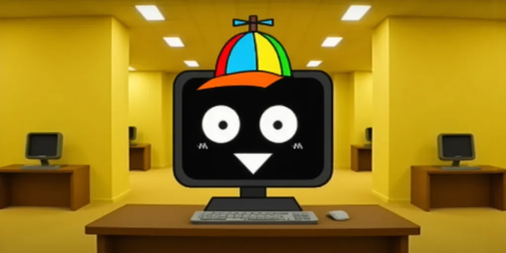 Mr. Fun Computer From Sprunki, computer monitor, black screen, happy face, white round eyes, triangular mouth, colorful propeller hat in red, yellow, blue, and green, placed on brown table the backrooms, a yellow endless hallway with ceiling lights and different rooms 