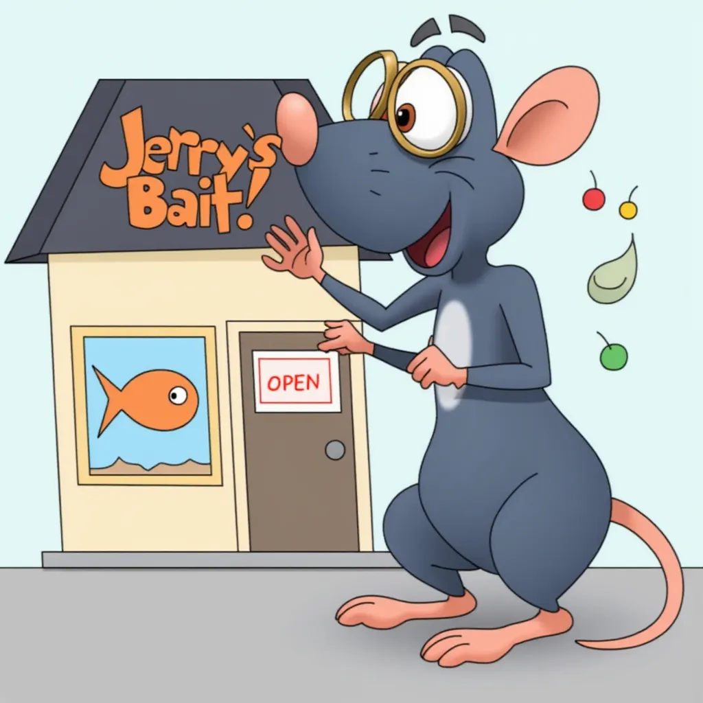 Twinkle, blue-grey anthropomorphic cartoonish rat with a white belly, large round gold glasses, black whiskers, pink circular nose, long tail and big brown eyes At A cartoon-style illustration of a building with a sign reading "Jerry's Bait!" in large, playful letters. The building has a dark roof and a light-colored exterior. A large window on the left displays a fish graphic. The front door has an "OPEN" sign, and there are two circular decorations on the right.
