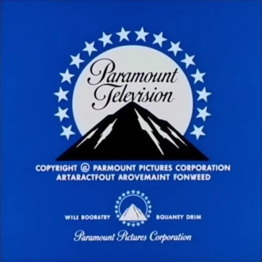 "Paramount Television Rising Circle Logo featuring a stylized mountain with a circle of stars against a blue background. The text 'Paramount Television' is displayed above the mountain. Copyright information and the Paramount Pictures Corporation logo appear at the bottom."
