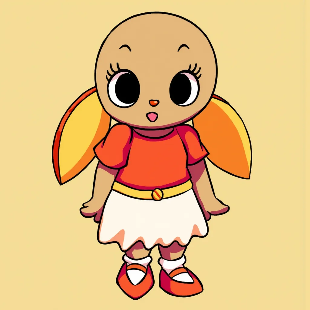 PompomFNF,  She has a round head, large black eyes, She wears an orange top, a white skirt, and matching orange shoes with socks. long bunny ears, orange nose