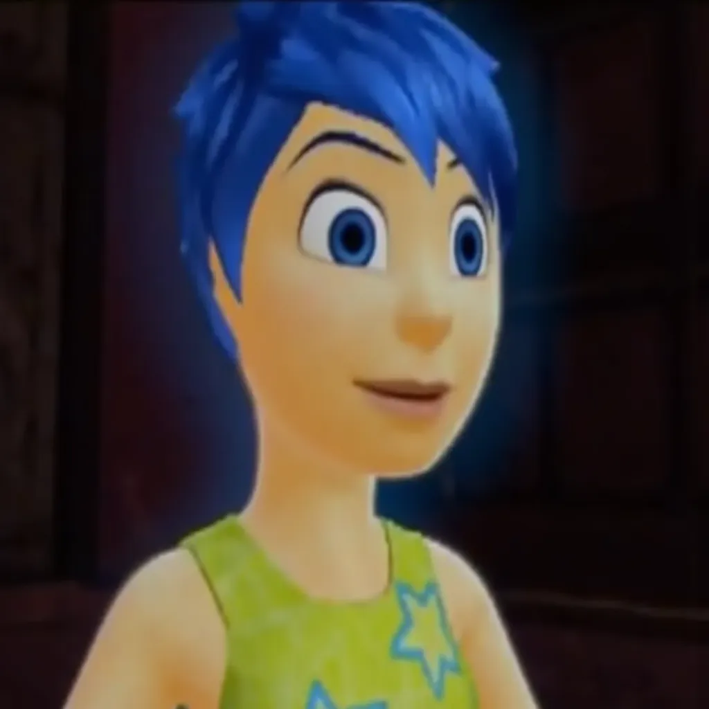 ps1 game screenshot, joyinsideout, light yellow skin, blue hair, blue eyes, chartreuse colored sleeveless dress with blue outlined stars, blue glow