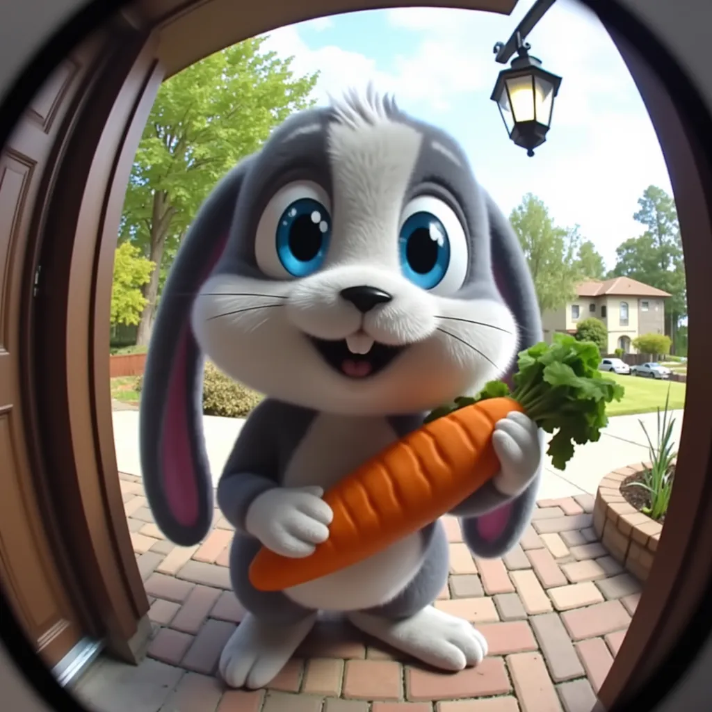 doorbellCam of schnuffel bunny, grey 3d rendered German lop holding a carrot, looking up at the doorbell camera from the front door, realistic, 3d rendered bunny, fish eye lens