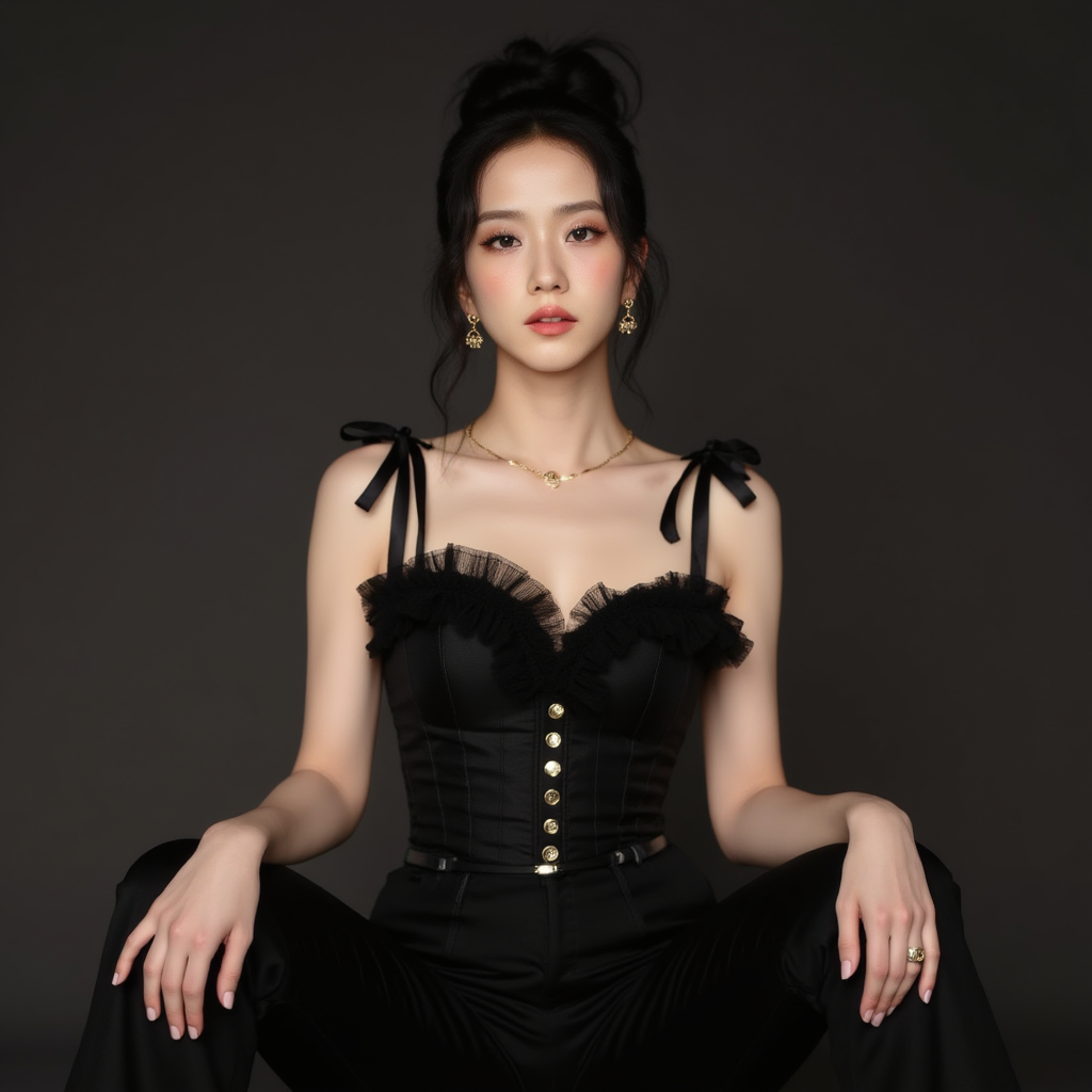Jisoo channels romantic vintage in a ruffled black corset style bustier paired with sleek flared pants. She has sone mini ribbon accessories on her shoulders Gold hoop earrings add sophistication, while her messy bun and simple glam give her a classy, confident look with dark natural makeup It’s a perfect mix of elegance and edgy femininity with a timeless twist in gold black background 
