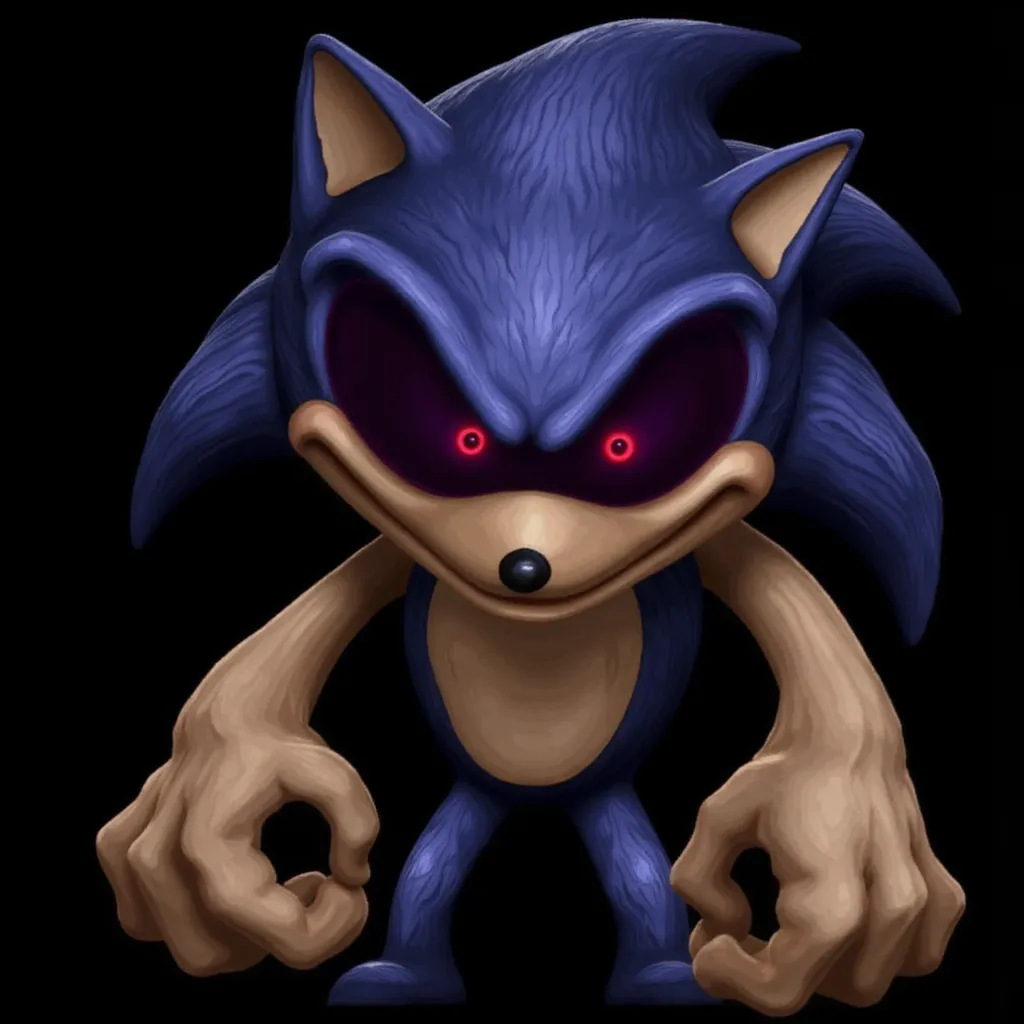 SpoopySonicEXEFNF, Sonic USA american, dark, glowing red eyes. The iconic blue spiky hair and humanoid hedgehog features are present, with enlarged, clenched fists, capturing a haunting and unsettling appearance. Colored sclera