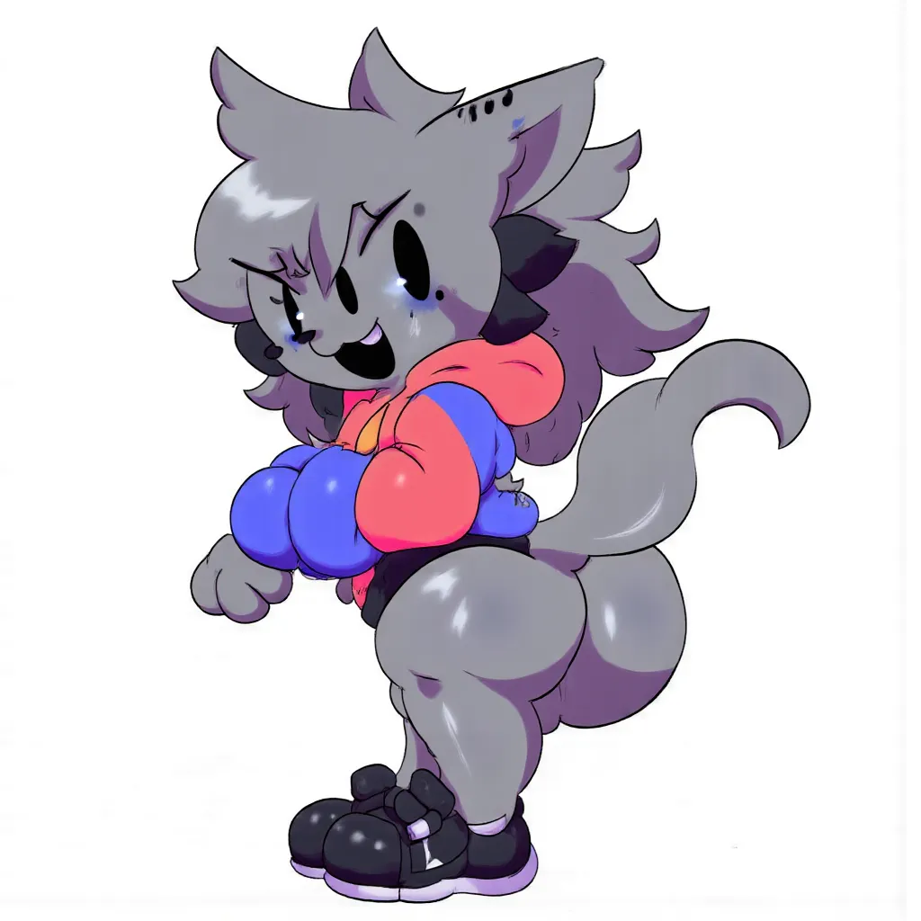 KapiFNF,  depicted as an anthropomorphic cat with spiky gray fur, wearing a colorful hoodie and sneakers, black eyes, fang 