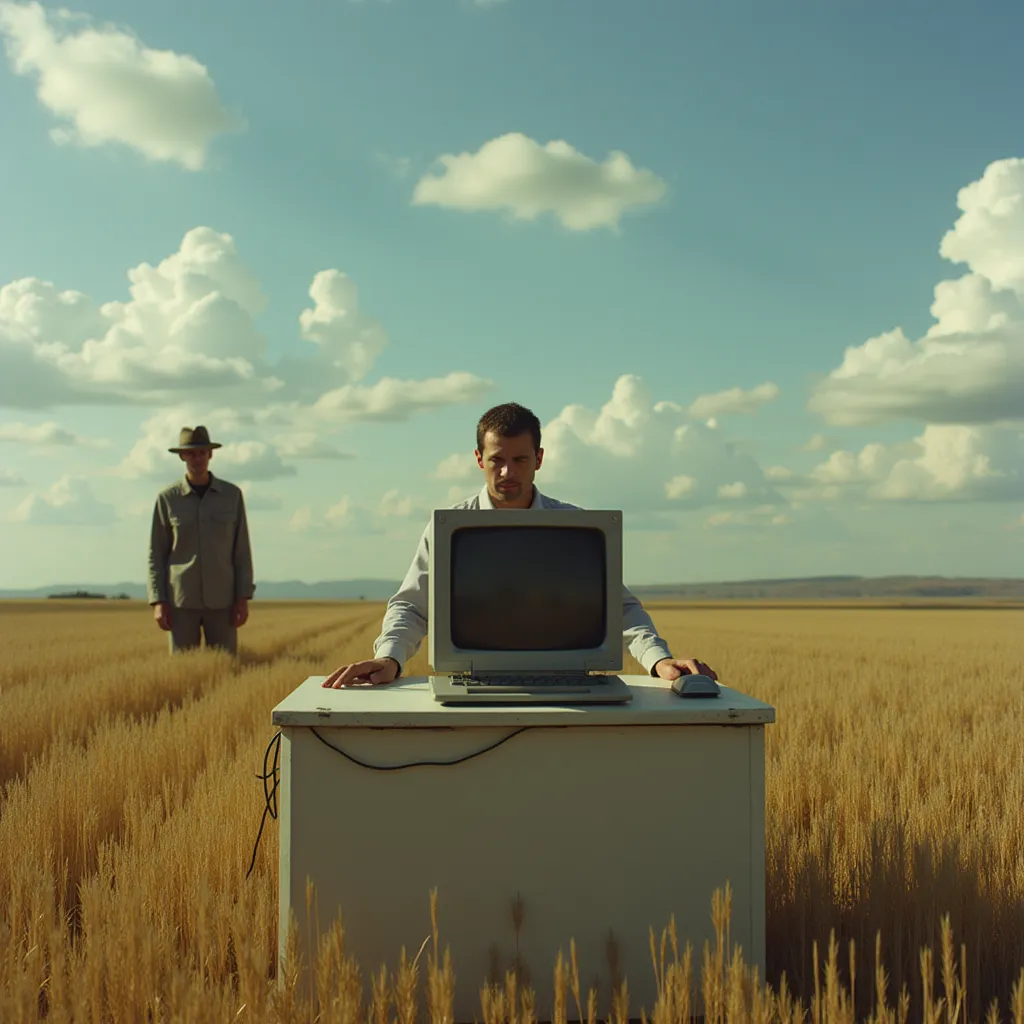 mr fun computer in a field (there is a dead person behind him)