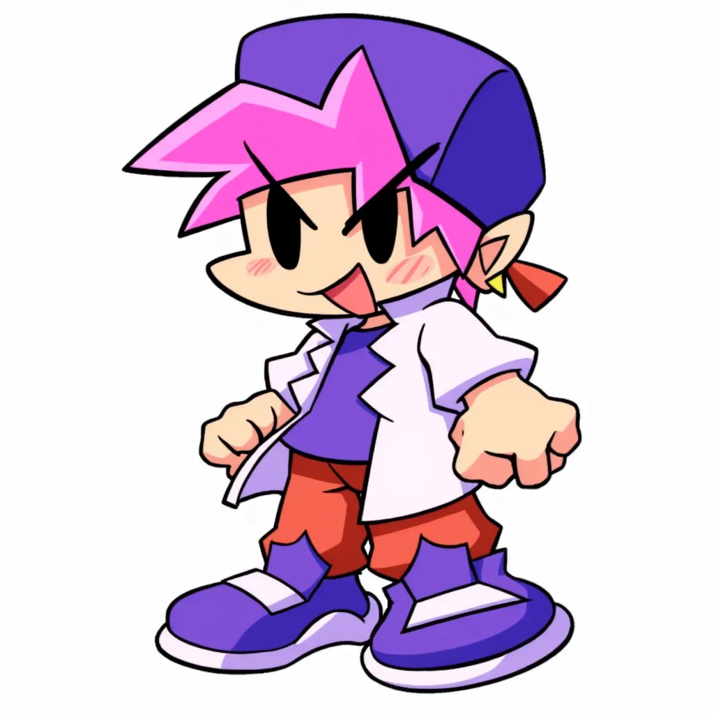 FNFBSidesBF, stylized cartoon form. He has spiky pink hair and is wearing a purple cap. and sports a white lab coat ish best, underneath a purple shirt, orange ish red pants, and large purple sneakers. He has a yellow earring, black eyes and in Brazil 
